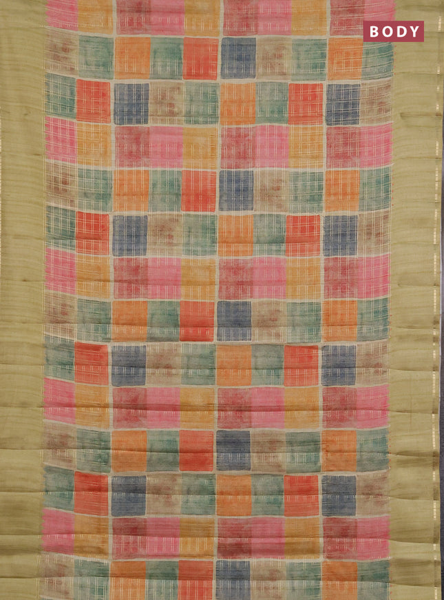 Semi tussar saree multi colour and pista green with allover zari checks and simple zari woven border