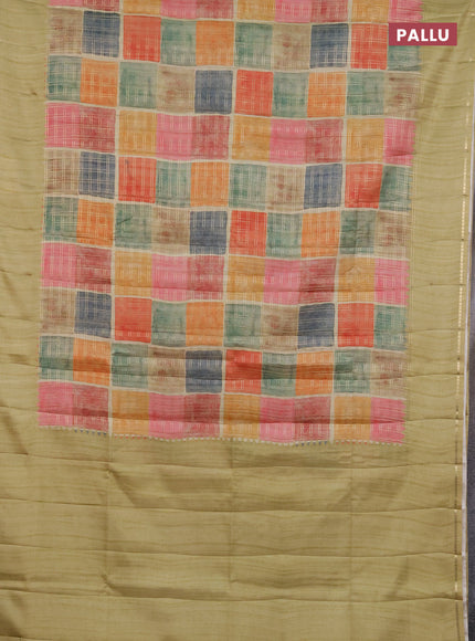 Semi tussar saree multi colour and pista green with allover zari checks and simple zari woven border