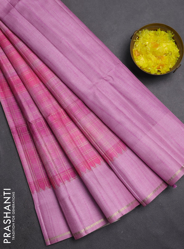 Semi tussar saree multi colour and pink shade with allover zari checks and simple zari woven border
