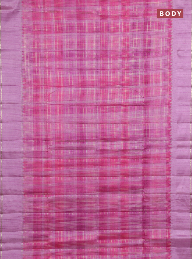 Semi tussar saree multi colour and pink shade with allover zari checks and simple zari woven border