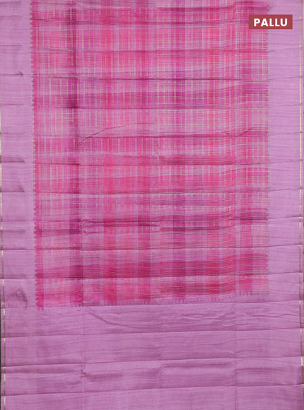 Semi tussar saree multi colour and pink shade with allover zari checks and simple zari woven border