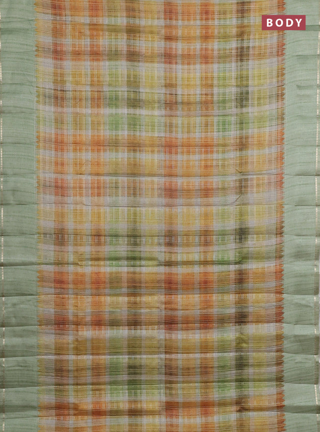 Semi tussar saree multi colour and pastel green with allover zari checks and simple zari woven border