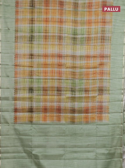 Semi tussar saree multi colour and pastel green with allover zari checks and simple zari woven border
