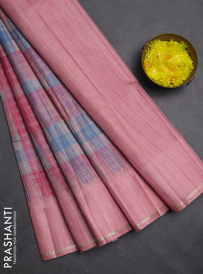 Semi tussar saree multi colour and peach pink with allover zari checks and simple zari woven border