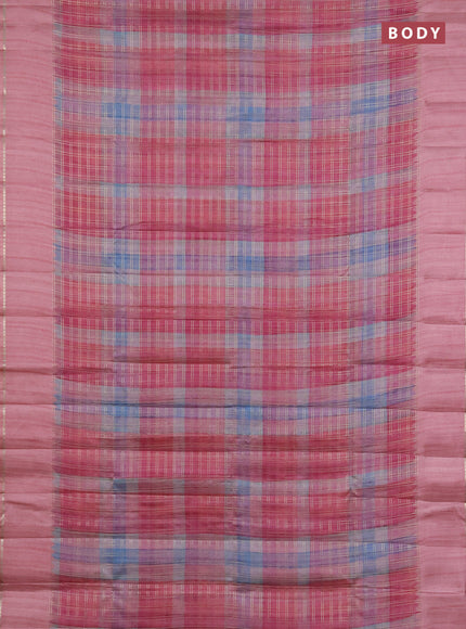 Semi tussar saree multi colour and peach pink with allover zari checks and simple zari woven border