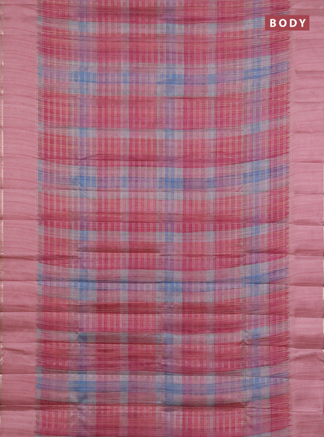 Semi tussar saree multi colour and peach pink with allover zari checks and simple zari woven border