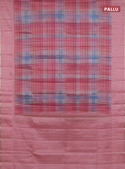 Semi tussar saree multi colour and peach pink with allover zari checks and simple zari woven border