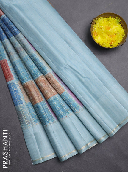 Semi tussar saree multi colour and teal blue with allover zari checks and simple zari woven border
