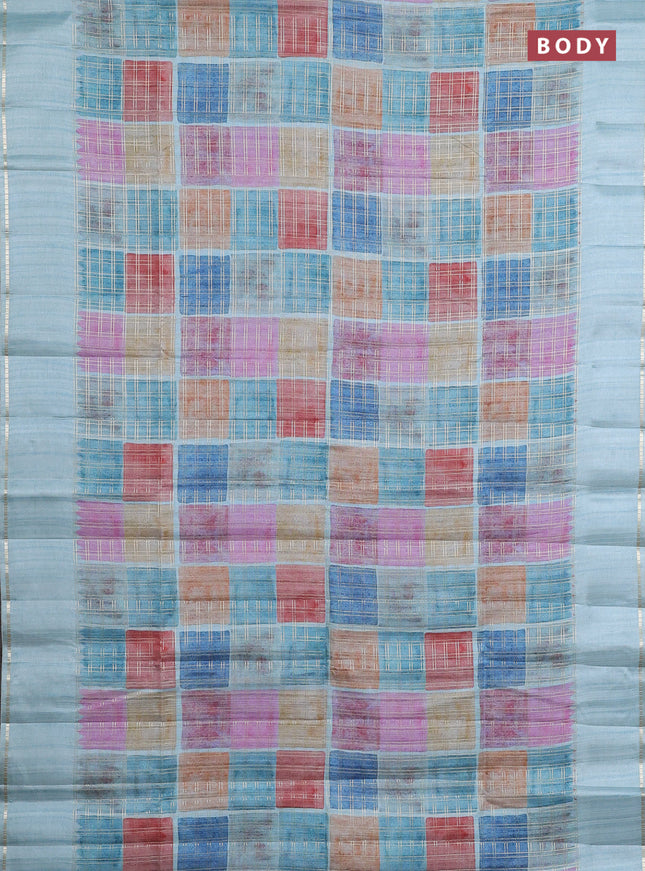 Semi tussar saree multi colour and teal blue with allover zari checks and simple zari woven border