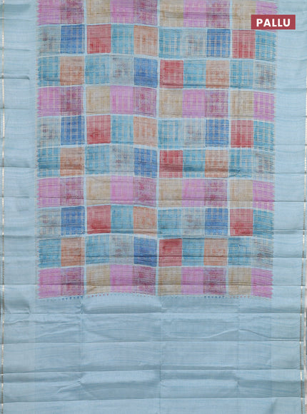 Semi tussar saree multi colour and teal blue with allover zari checks and simple zari woven border