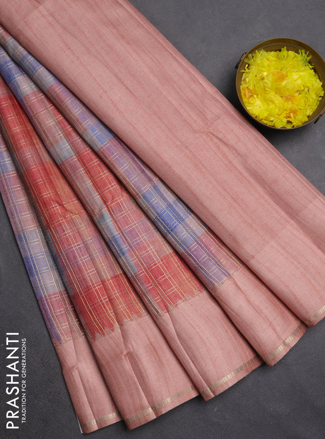 Semi tussar saree multi colour and peach with allover zari checks and simple zari woven border