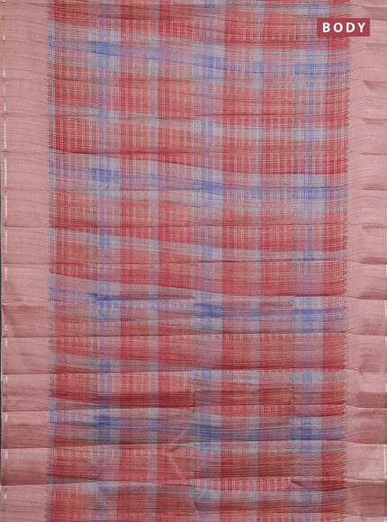 Semi tussar saree multi colour and peach with allover zari checks and simple zari woven border