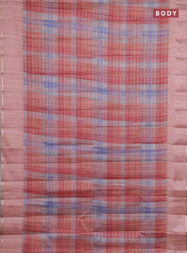 Semi tussar saree multi colour and peach with allover zari checks and simple zari woven border