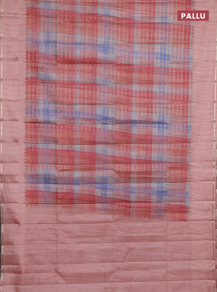 Semi tussar saree multi colour and peach with allover zari checks and simple zari woven border