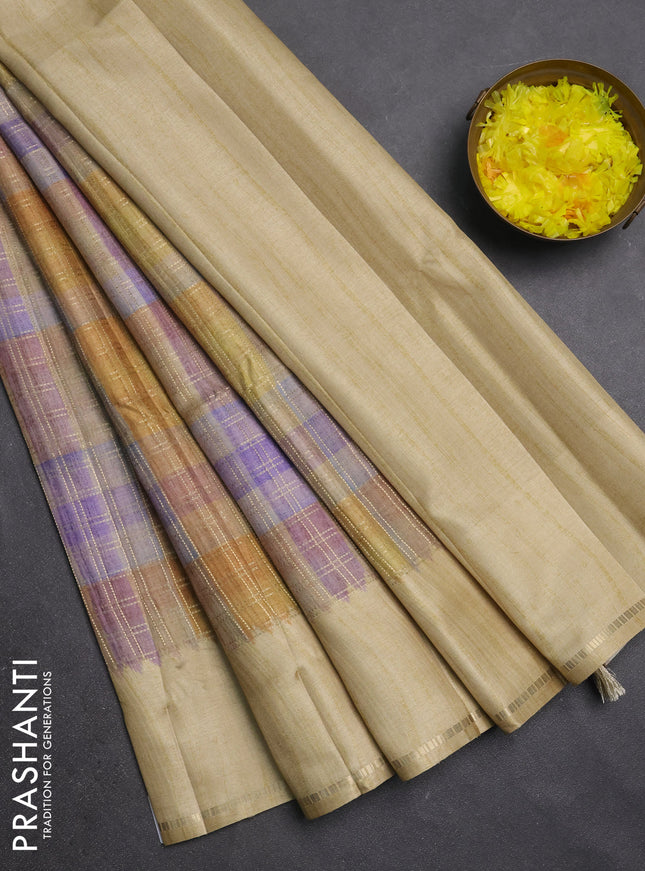 Semi tussar saree multi colour and beige with allover zari checks and simple zari woven border
