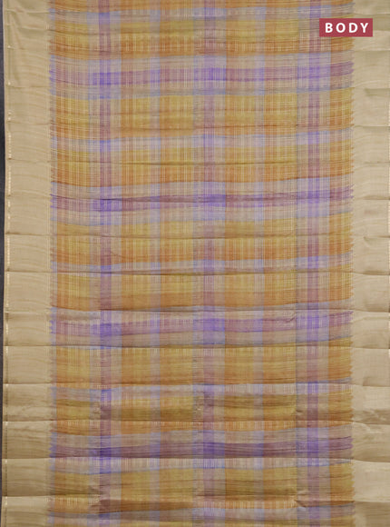 Semi tussar saree multi colour and beige with allover zari checks and simple zari woven border