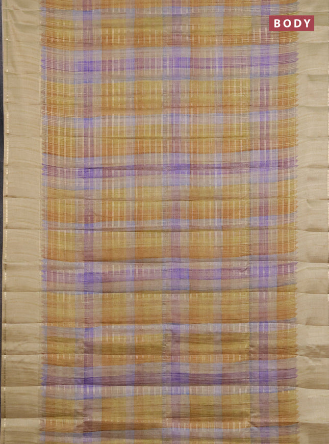 Semi tussar saree multi colour and beige with allover zari checks and simple zari woven border
