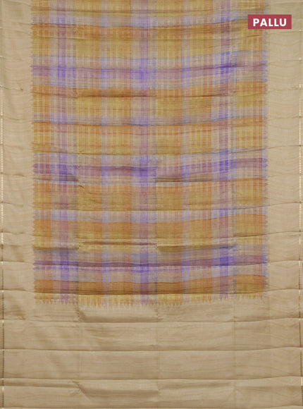 Semi tussar saree multi colour and beige with allover zari checks and simple zari woven border