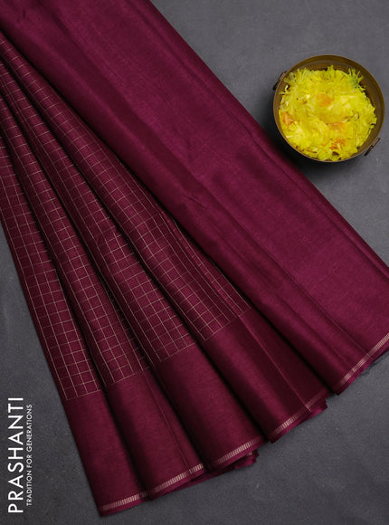 Semi tussar saree wine with allover small zari checked pattern and simple zari woven border