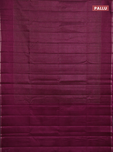 Semi tussar saree wine with allover small zari checked pattern and simple zari woven border