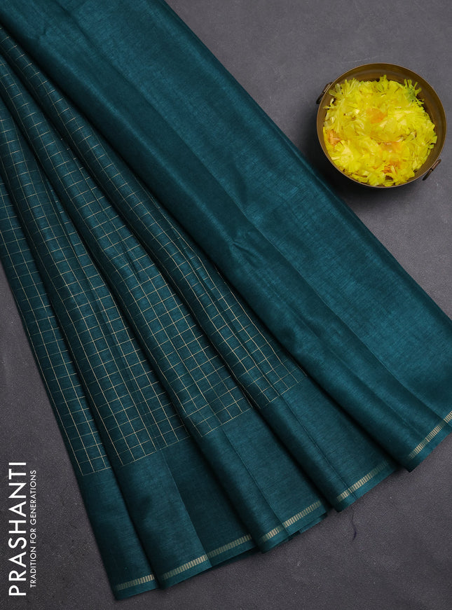 Semi tussar saree peacock green with allover small zari checked pattern and simple zari woven border