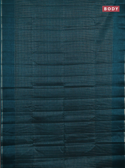 Semi tussar saree peacock green with allover small zari checked pattern and simple zari woven border