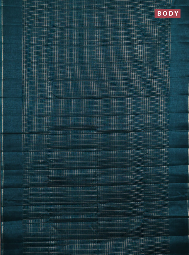 Semi tussar saree peacock green with allover small zari checked pattern and simple zari woven border
