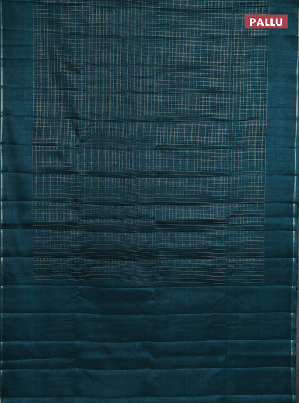 Semi tussar saree peacock green with allover small zari checked pattern and simple zari woven border