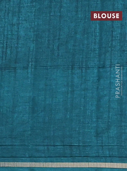 Semi tussar saree peacock green with allover small zari checked pattern and simple zari woven border