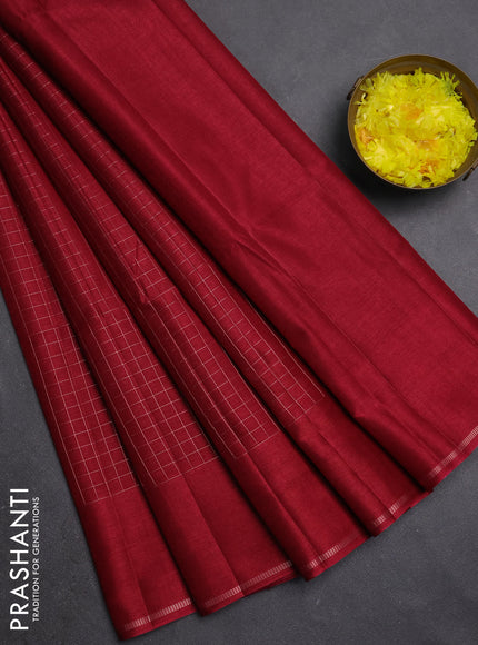 Semi tussar saree maroon with allover small zari checked pattern and simple zari woven border