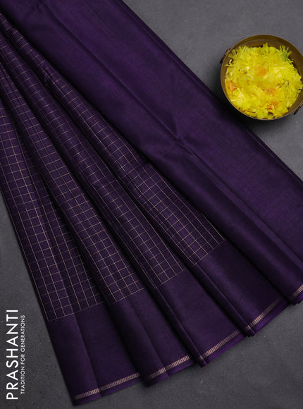 Semi tussar saree deep violet with allover small zari checked pattern and simple zari woven border