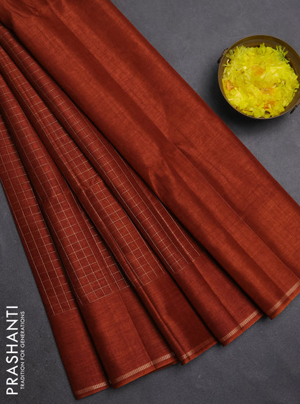 Semi tussar saree rust with allover small zari checked pattern and simple zari woven border