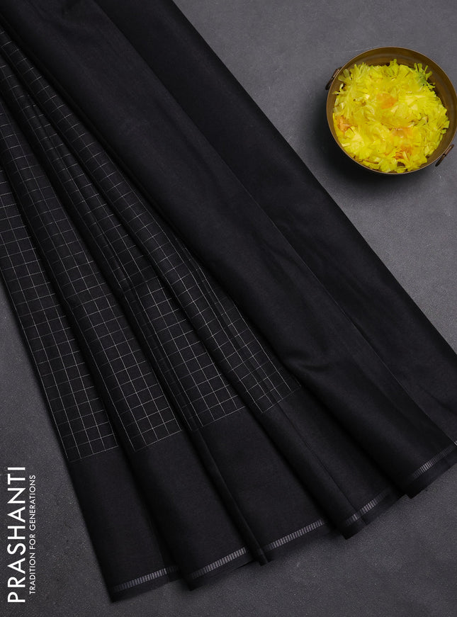 Semi tussar saree black with allover small zari checked pattern and simple zari woven border