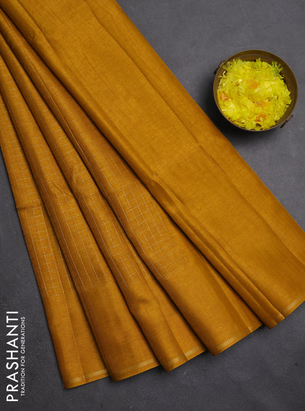 Semi tussar saree mustard yellow with allover small zari checked pattern and simple zari woven border
