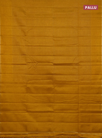Semi tussar saree mustard yellow with allover small zari checked pattern and simple zari woven border
