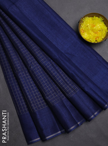 Semi tussar saree navy blue with allover small zari checked pattern and simple zari woven border