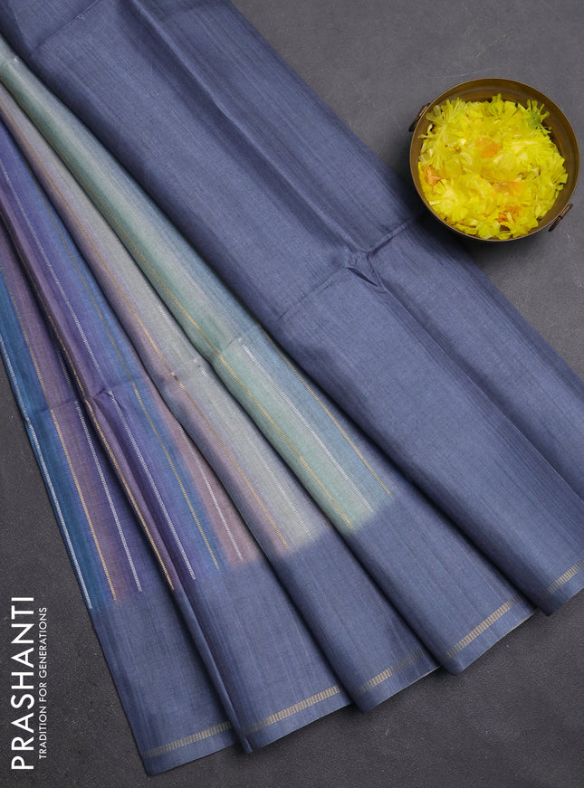 Semi tussar saree multi colour and grey with allover silver & zari weaves pattern and simple zari woven border