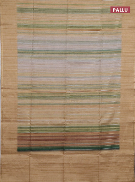 Semi tussar saree multi colour and sandal with allover silver & zari weaves pattern and simple zari woven border