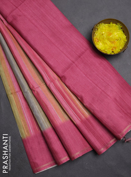 Semi tussar saree multi colour and pink with allover silver & zari weaves pattern and simple zari woven border