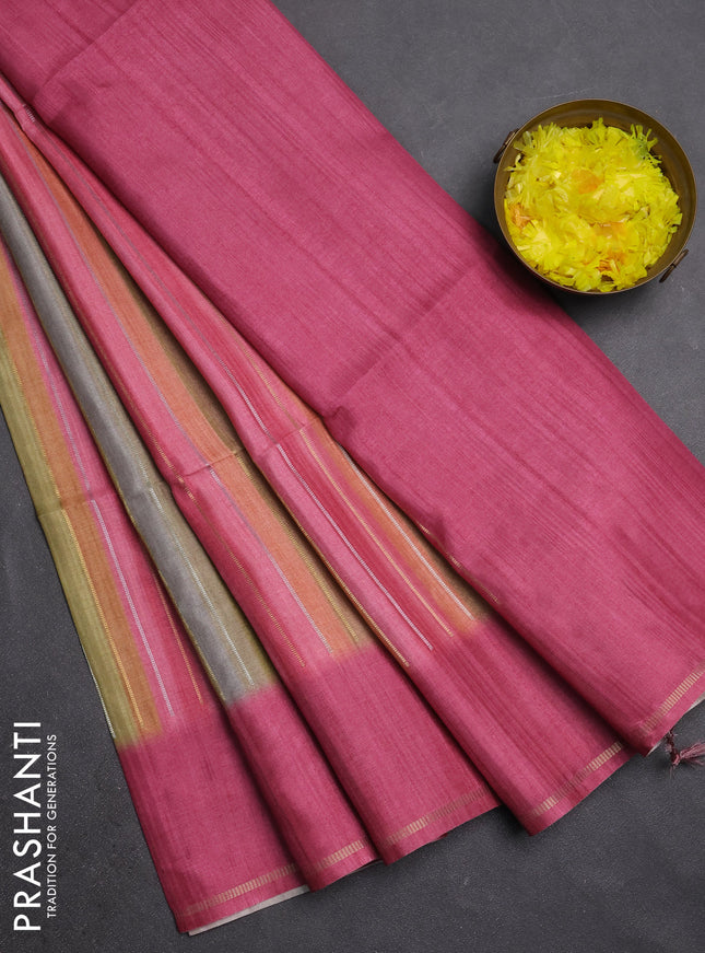 Semi tussar saree multi colour and pink with allover silver & zari weaves pattern and simple zari woven border