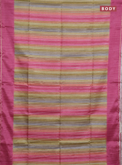 Semi tussar saree multi colour and pink with allover silver & zari weaves pattern and simple zari woven border