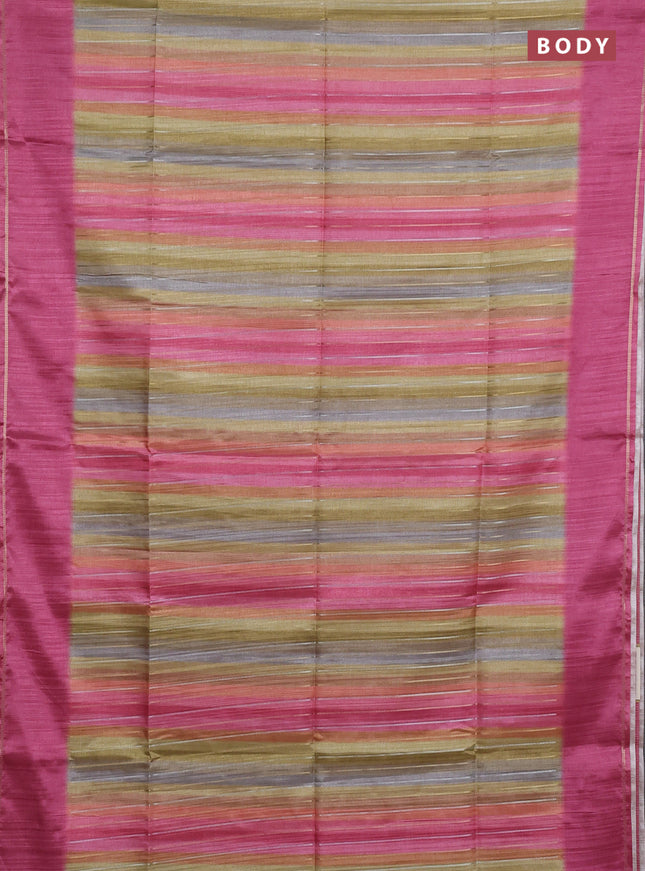 Semi tussar saree multi colour and pink with allover silver & zari weaves pattern and simple zari woven border