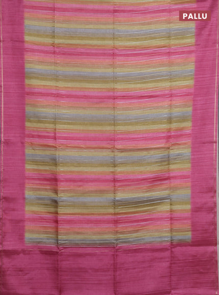 Semi tussar saree multi colour and pink with allover silver & zari weaves pattern and simple zari woven border