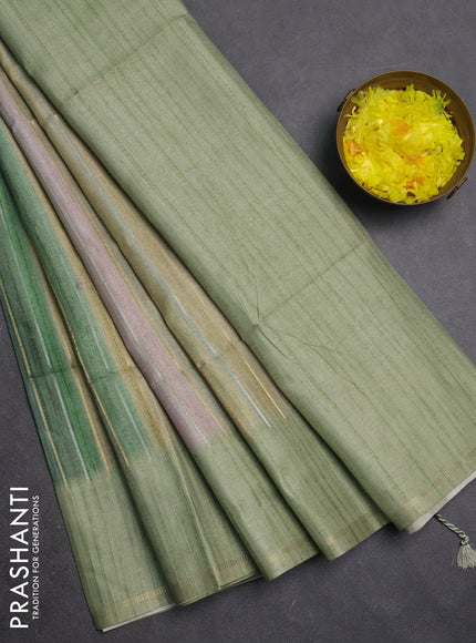 Semi tussar saree multi colour and pista green with allover silver & zari weaves pattern and simple zari woven border