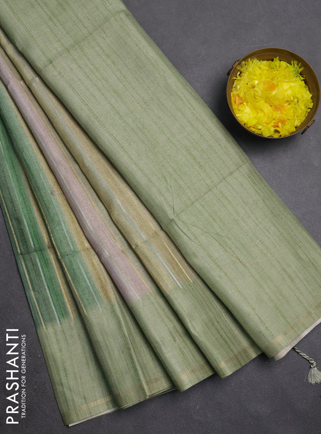 Semi tussar saree multi colour and pista green with allover silver & zari weaves pattern and simple zari woven border