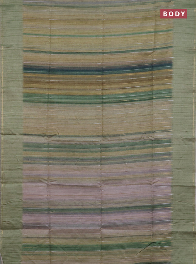 Semi tussar saree multi colour and pista green with allover silver & zari weaves pattern and simple zari woven border