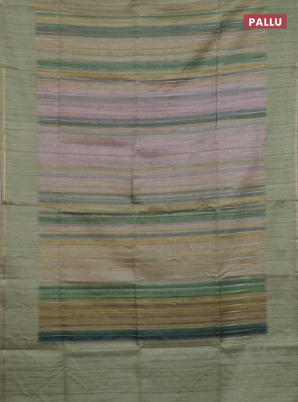 Semi tussar saree multi colour and pista green with allover silver & zari weaves pattern and simple zari woven border