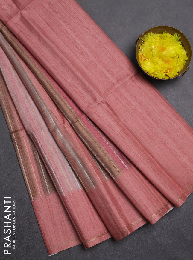 Semi tussar saree multi colour and peach shade with allover silver & zari weaves pattern and simple zari woven border