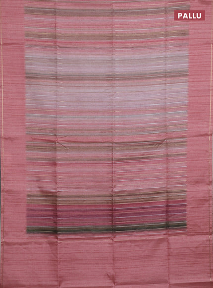 Semi tussar saree multi colour and peach shade with allover silver & zari weaves pattern and simple zari woven border