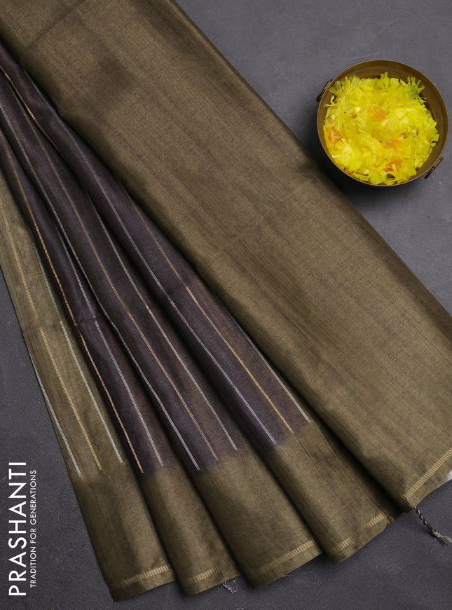 Semi tussar saree multi colour and olive green with allover silver & zari weaves pattern and simple zari woven border